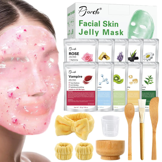 Masque en Gelée Pjordo pour Soins du Visage Professionnels, Boîte de 10 Poudres de Masque en Gelée avec Kit de Bol pour Mélanger, Masque Peel Off Hydrojelly à Modeler en Caoutchouc pour Hydratation, Nutrition et Apaisement